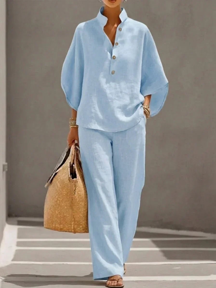 Sophie | Linen Set with Batwing Sleeves and Wide Pants Detail
