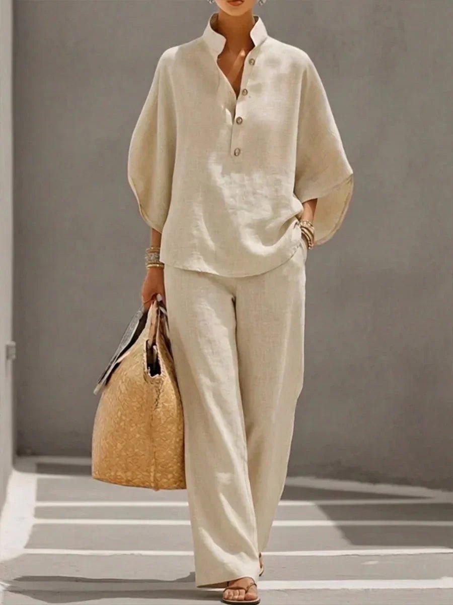 Sophie | Linen Set with Batwing Sleeves and Wide Pants Front