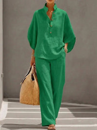 Sophie | Linen Set with Batwing Sleeves and Wide Pants Side