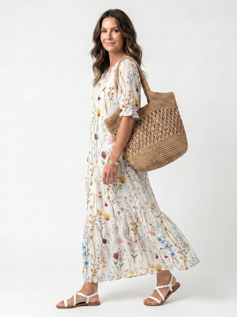 Sylvie | Botanical Print Tassel Tie Midi Dress Front