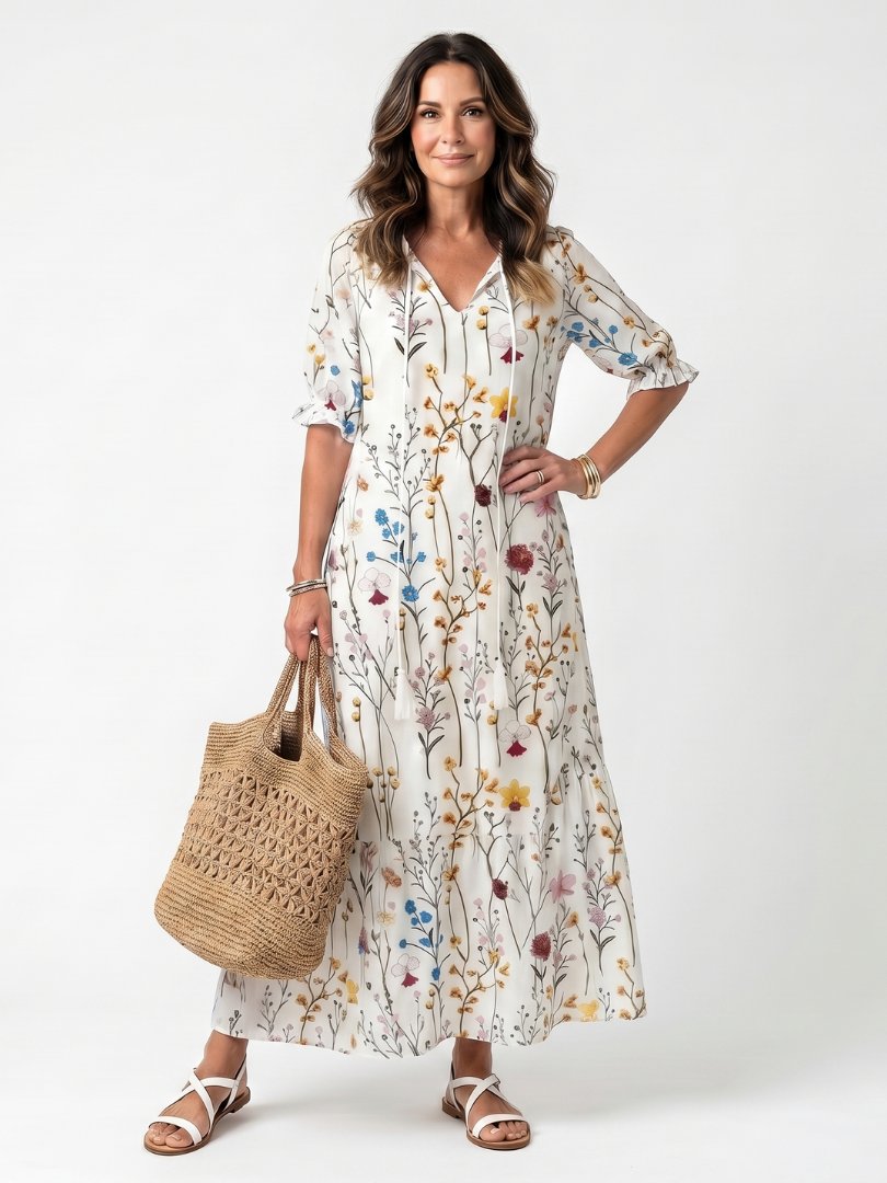Sylvie | Botanical Print Tassel Tie Midi Dress Hero