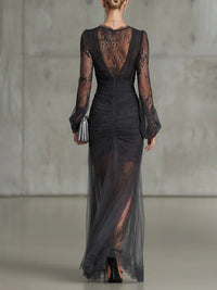 Tessa | Lace Ruched Sheer Long Sleeve Maxi Dress for Women Detail
