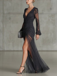 Tessa | Lace Ruched Sheer Long Sleeve Maxi Dress for Women Front
