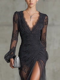 Tessa | Lace Ruched Sheer Long Sleeve Maxi Dress for Women Side