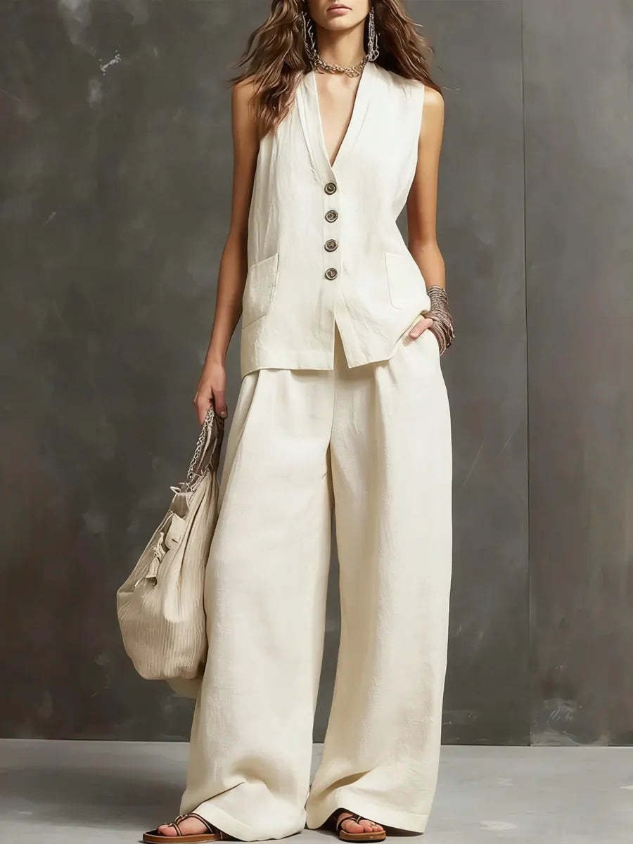 Two-Piece Set in Cotton and Linen with Sleeveless Vest and Wide-Leg Pants Detail