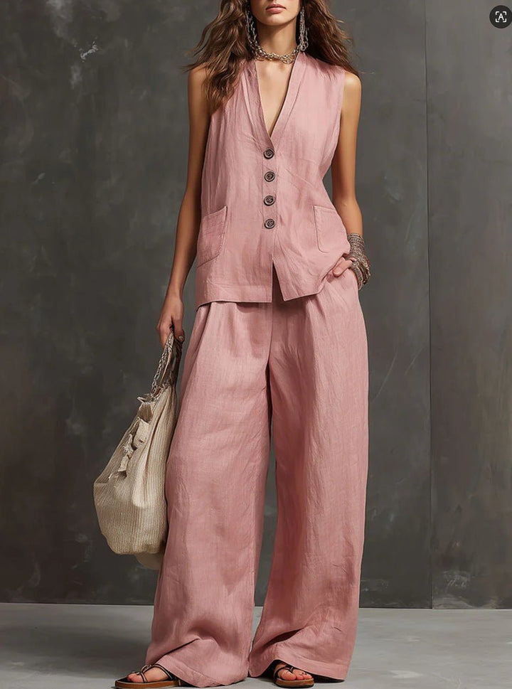 Two-Piece Set in Cotton and Linen with Sleeveless Vest and Wide-Leg Pants Front