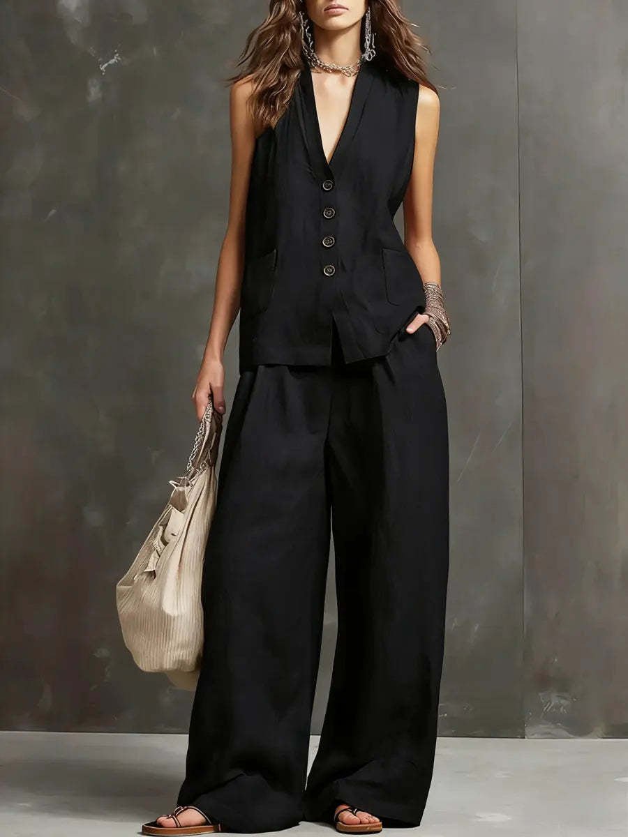 Two-Piece Set in Cotton and Linen with Sleeveless Vest and Wide-Leg Pants Hero