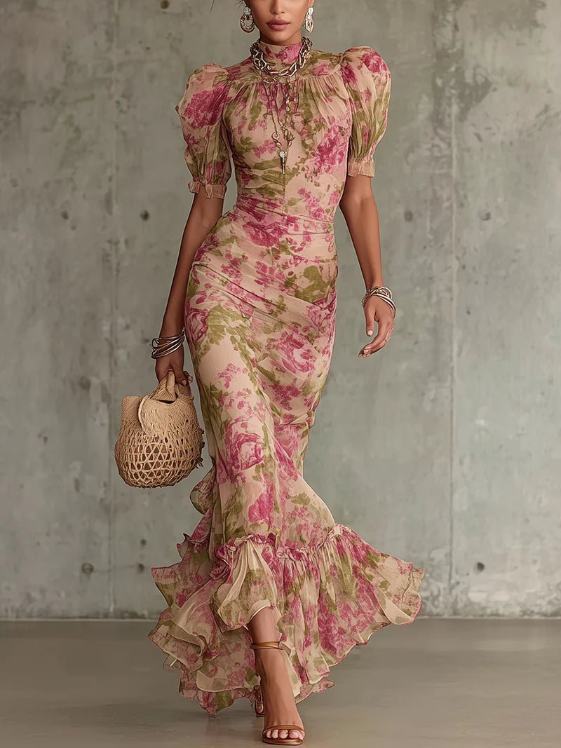 Vintage Rose Print Maxi Dress With Puff Sleeves (Accessories not included) Hero