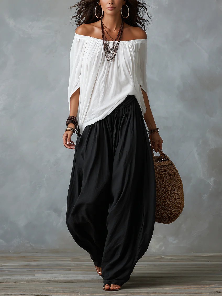 White Off-the-shoulder Top And Loose-fitting Lantern Pants Set Hero