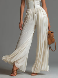 White V-neck Sleeveless Zip-up Pleated Wide-leg Chiffon Jumpsuit Back
