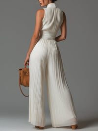 White V-neck Sleeveless Zip-up Pleated Wide-leg Chiffon Jumpsuit Detail