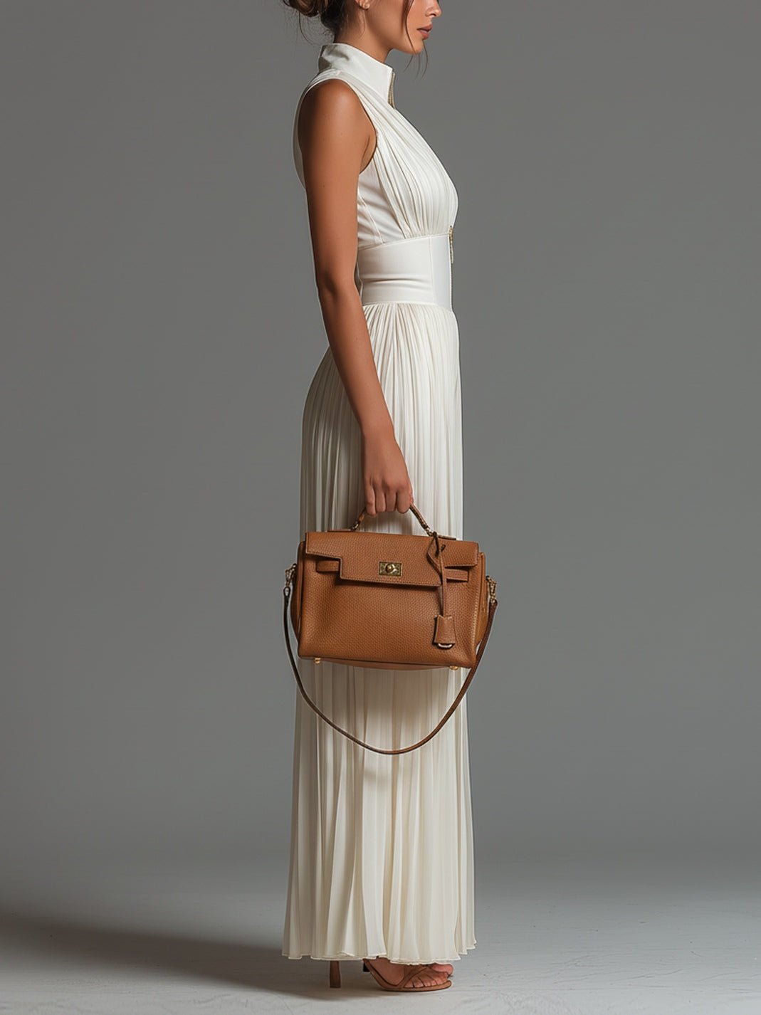 White V-neck Sleeveless Zip-up Pleated Wide-leg Chiffon Jumpsuit Front