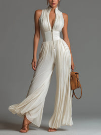 White V-neck Sleeveless Zip-up Pleated Wide-leg Chiffon Jumpsuit Hero