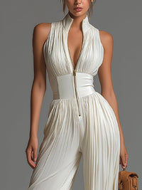 White V-neck Sleeveless Zip-up Pleated Wide-leg Chiffon Jumpsuit Side