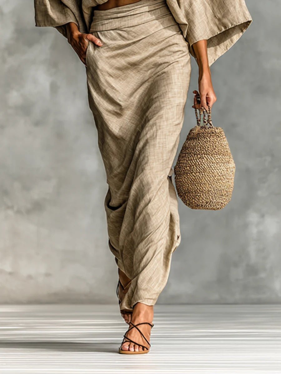 WILLOW | Beige Two Piece Set with Batwing Top and Long Skirt for Effortless Elegance Detail