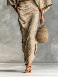WILLOW | Beige Two Piece Set with Batwing Top and Long Skirt for Effortless Elegance Detail