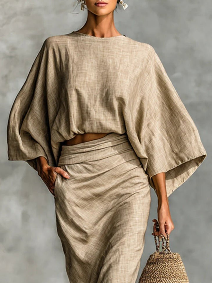 WILLOW | Beige Two Piece Set with Batwing Top and Long Skirt for Effortless Elegance Front