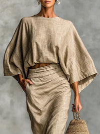 WILLOW | Beige Two Piece Set with Batwing Top and Long Skirt for Effortless Elegance Front