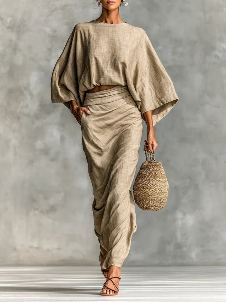 WILLOW | Beige Two Piece Set with Batwing Top and Long Skirt for Effortless Elegance Hero