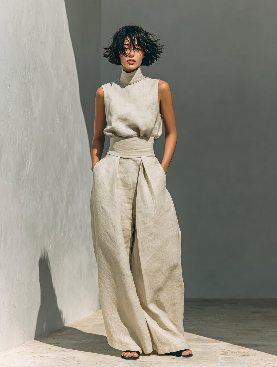 Women's minimalist set with sleeveless blouse and wide-leg pants Angle