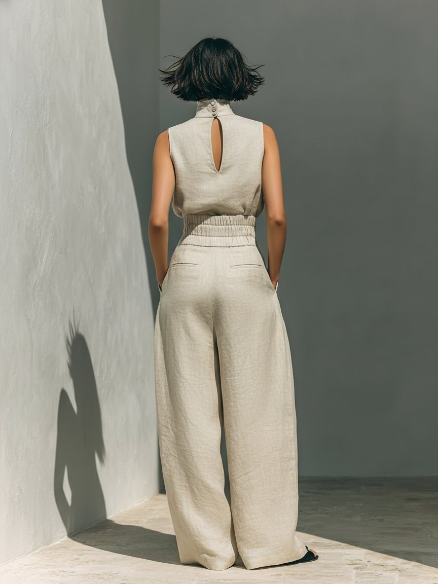 Women's minimalist set with sleeveless blouse and wide-leg pants Back
