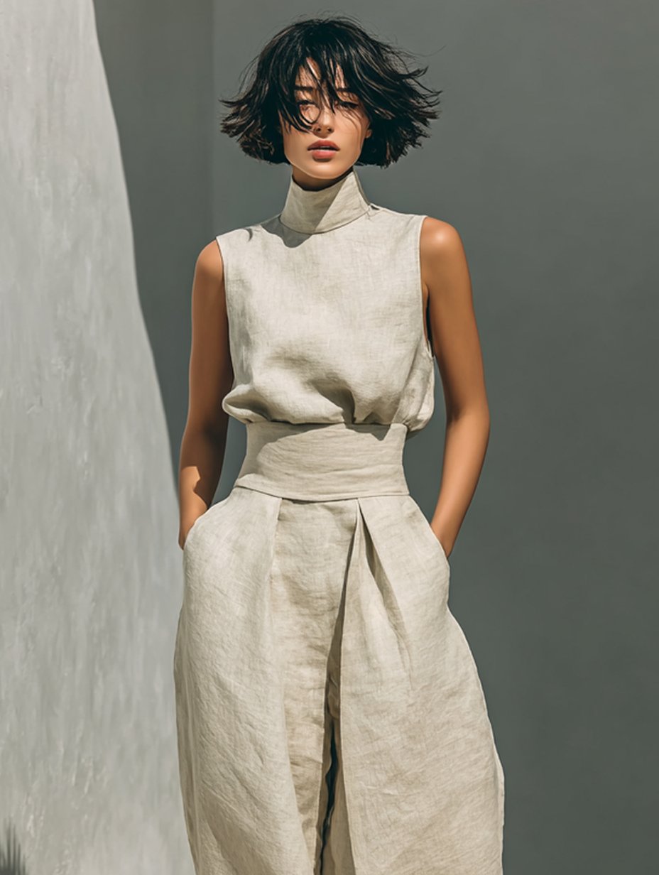 Women's minimalist set with sleeveless blouse and wide-leg pants Close Up
