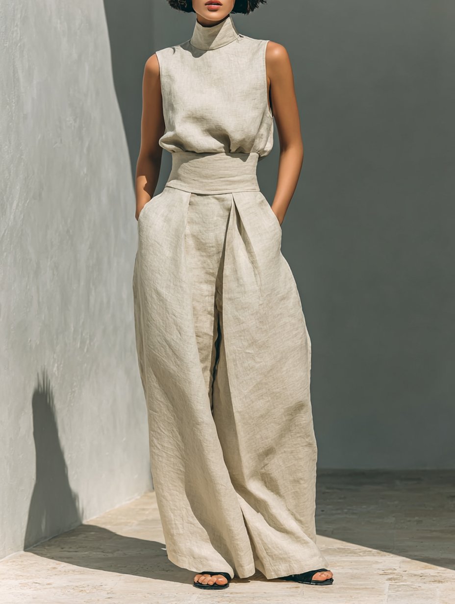 Women's minimalist set with sleeveless blouse and wide-leg pants Front