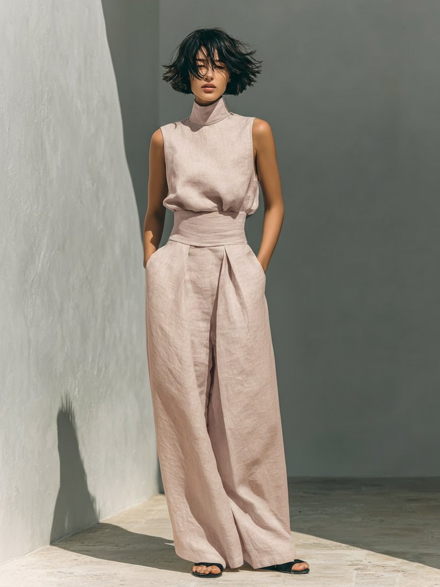 Women's minimalist set with sleeveless blouse and wide-leg pants Side