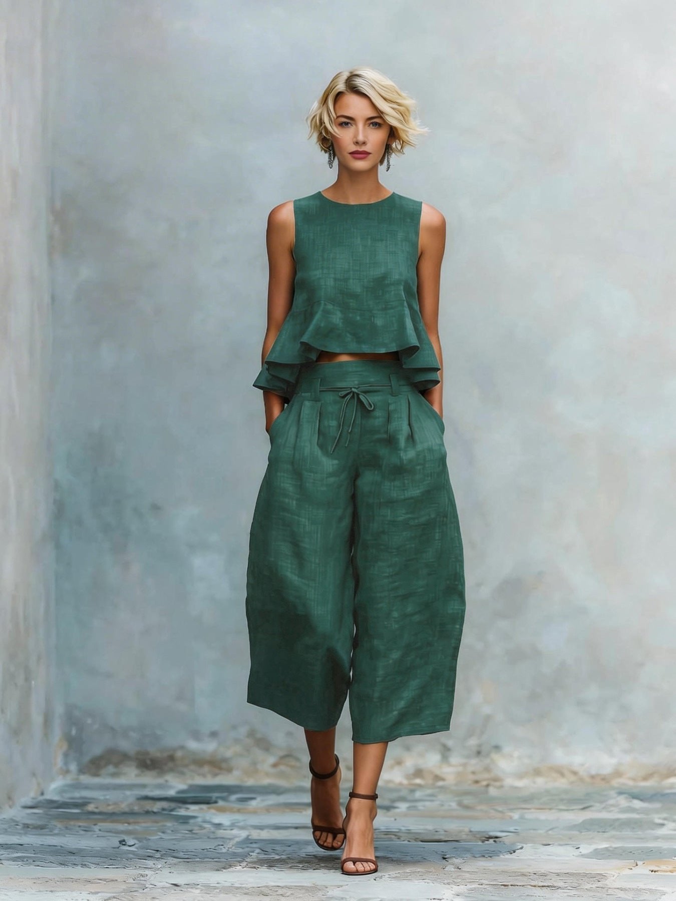 Women's Two-Piece Set with Ruffled Hem Side