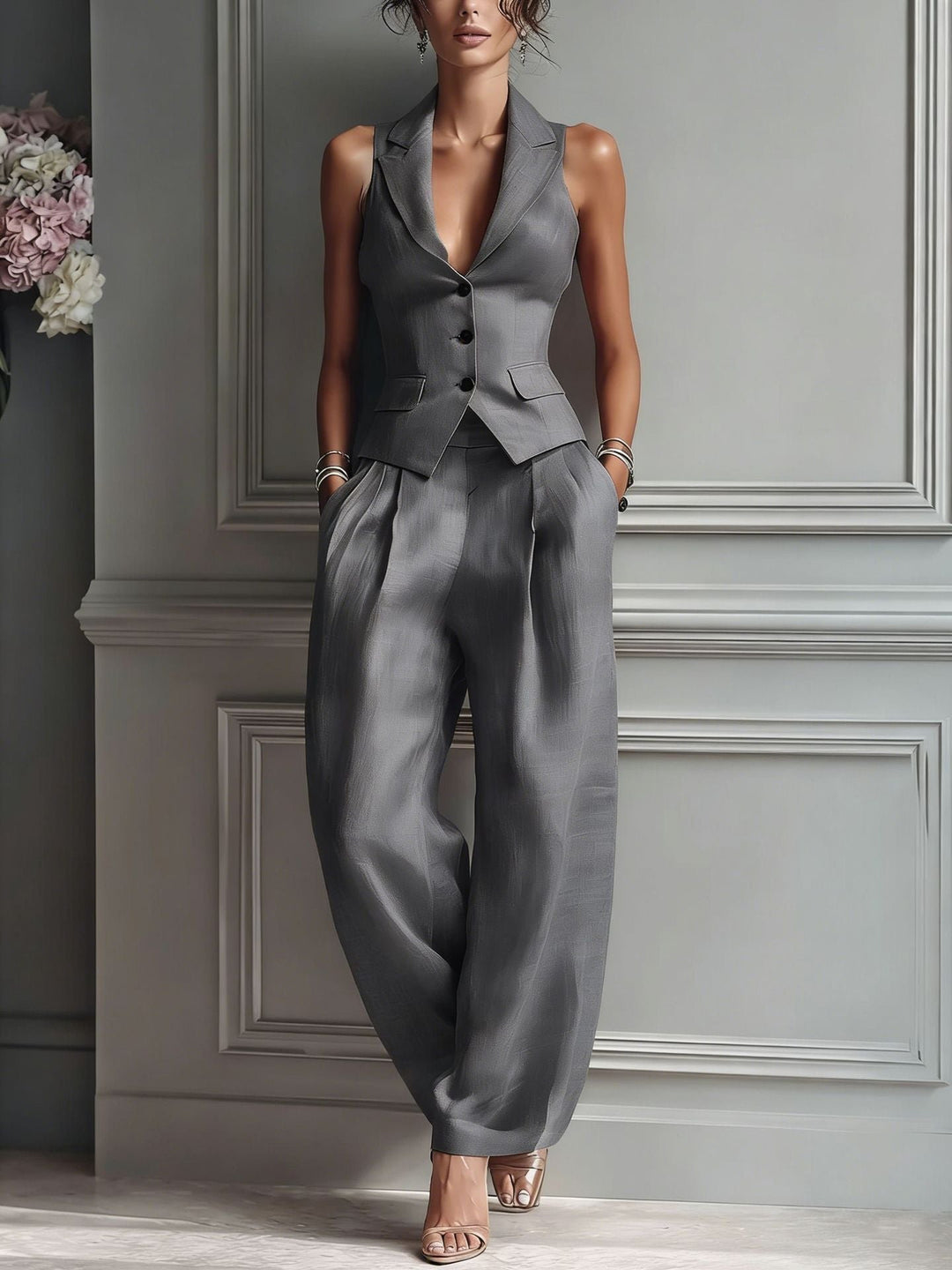 Women's Two-Piece Set with V-Neck and Buttons Detail