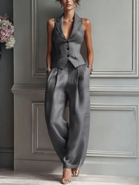Women's Two-Piece Set with V-Neck and Buttons Detail
