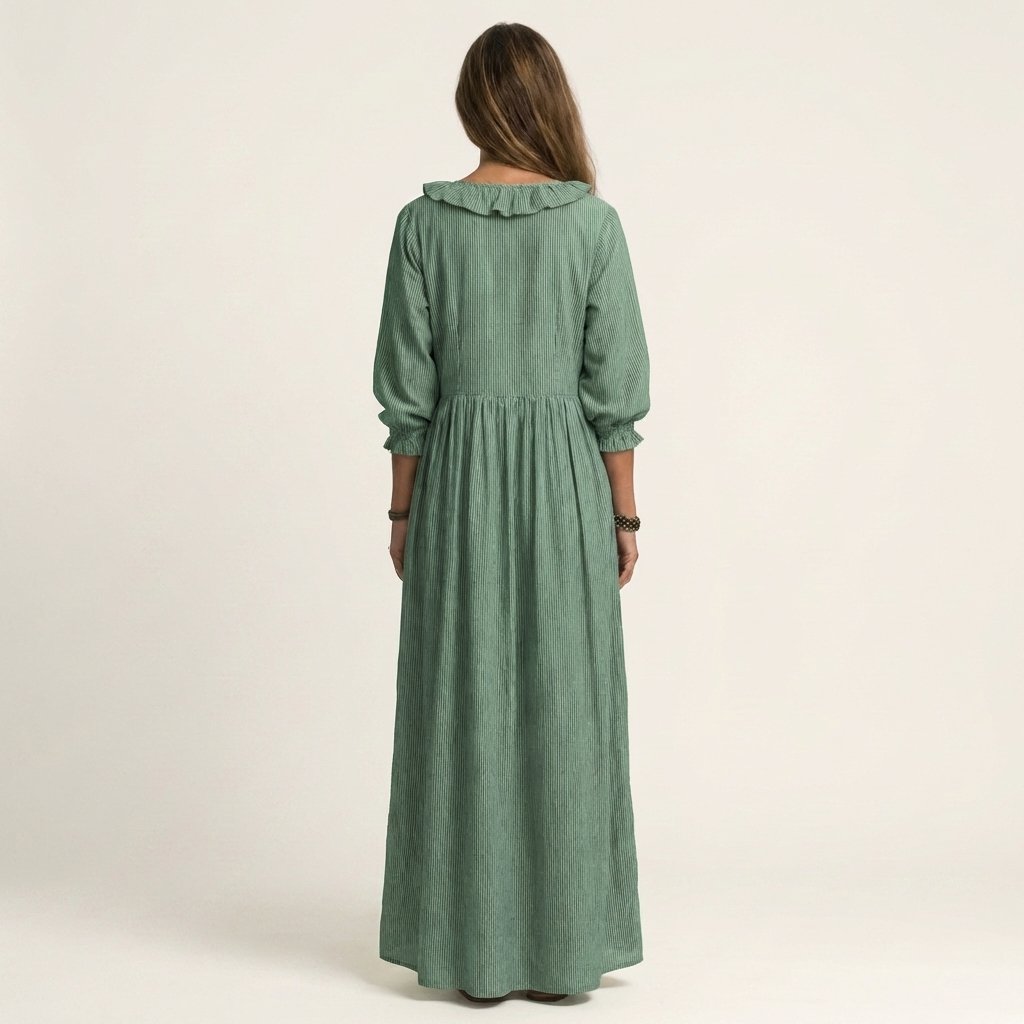 Yosetta | Ruffle V-Neck Striped Lantern-Sleeve Maxi Dress Alternate