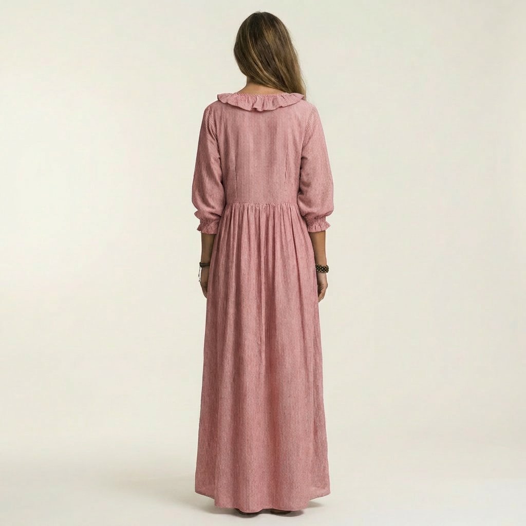 Yosetta | Ruffle V-Neck Striped Lantern-Sleeve Maxi Dress Angle