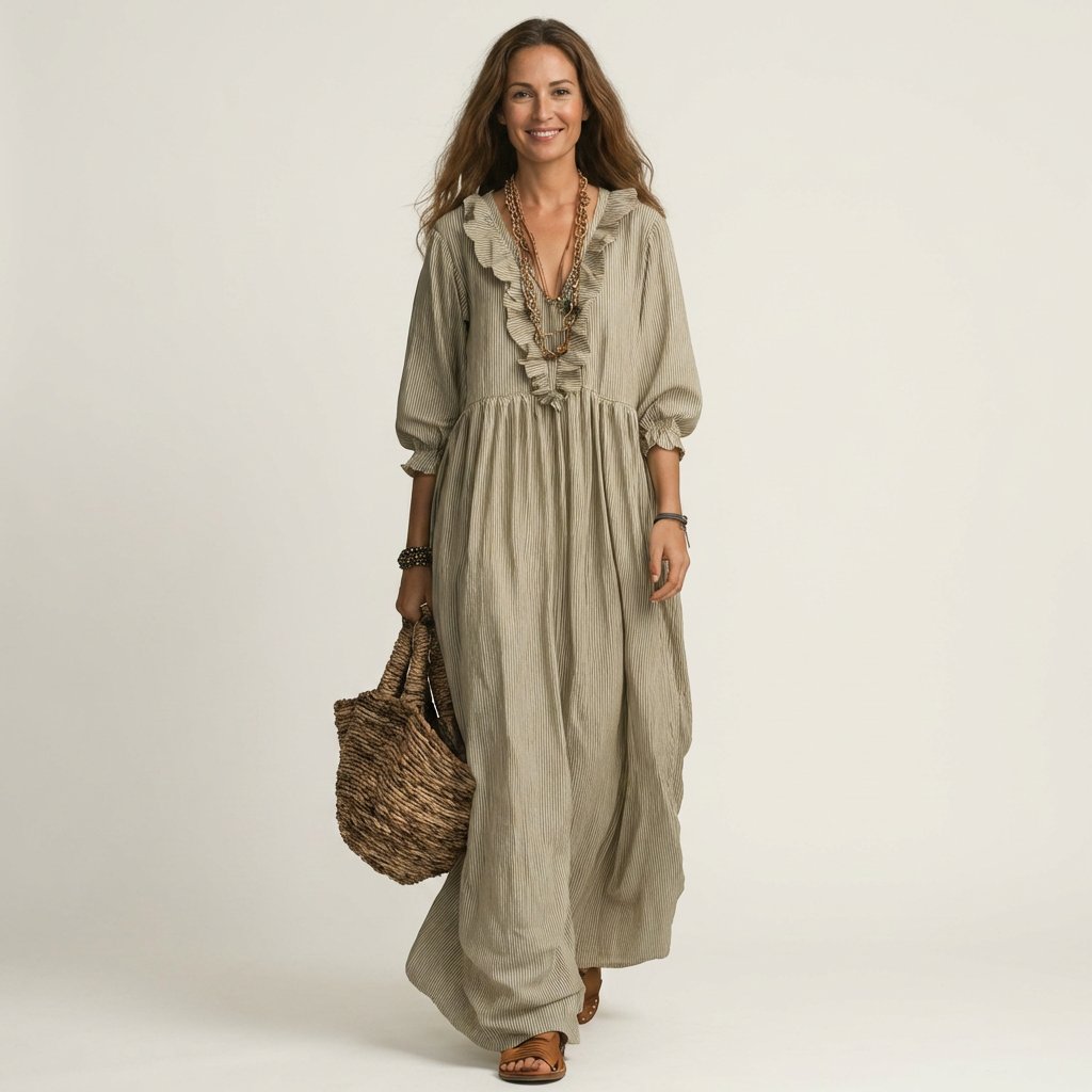 Yosetta | Ruffle V-Neck Striped Lantern-Sleeve Maxi Dress Back