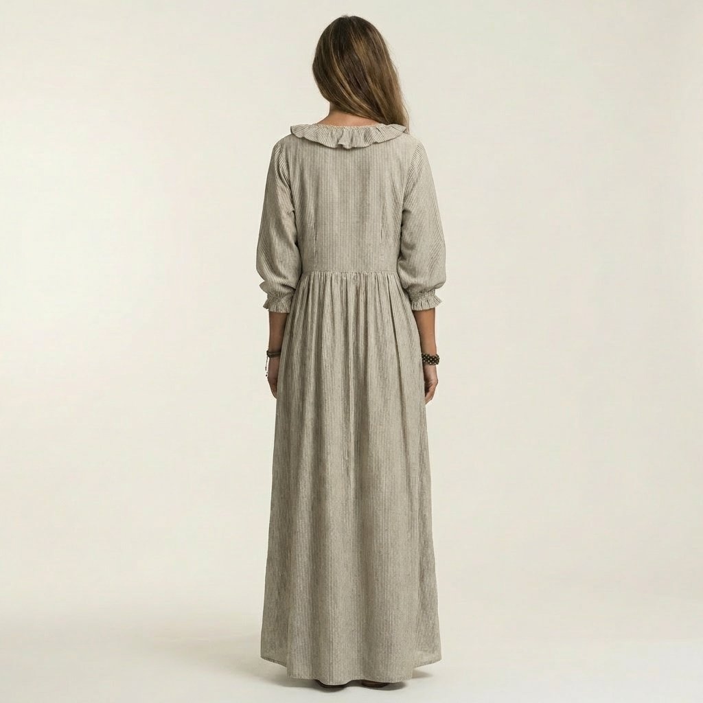 Yosetta | Ruffle V-Neck Striped Lantern-Sleeve Maxi Dress Close Up