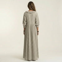 Yosetta | Ruffle V-Neck Striped Lantern-Sleeve Maxi Dress Close Up