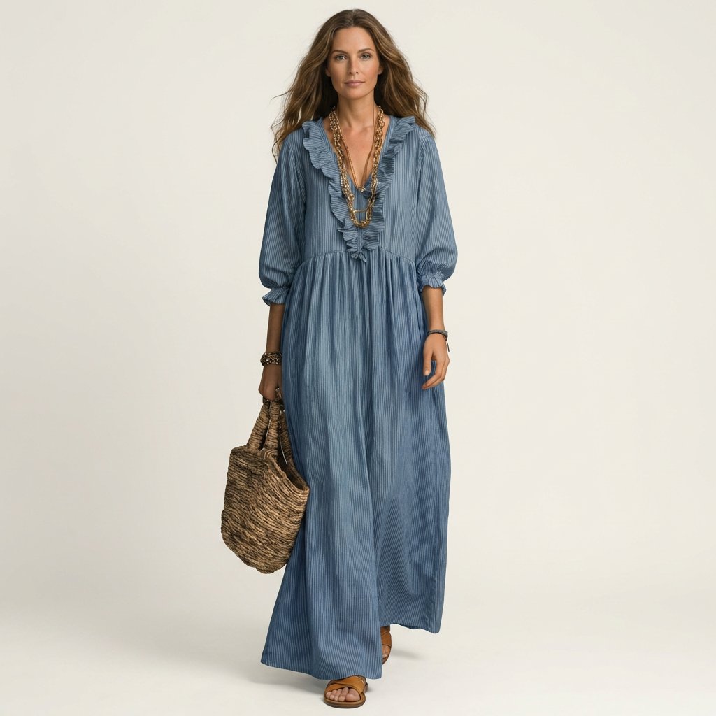Yosetta | Ruffle V-Neck Striped Lantern-Sleeve Maxi Dress Detail