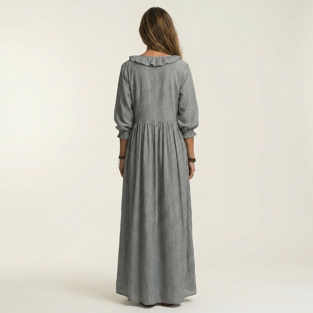 Yosetta | Ruffle V-Neck Striped Lantern-Sleeve Maxi Dress Front
