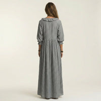Yosetta | Ruffle V-Neck Striped Lantern-Sleeve Maxi Dress Front