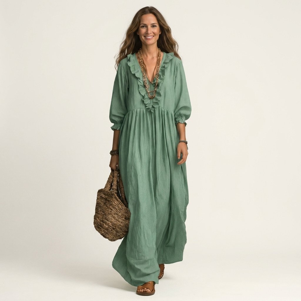 Yosetta | Ruffle V-Neck Striped Lantern-Sleeve Maxi Dress Full