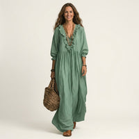 Yosetta | Ruffle V-Neck Striped Lantern-Sleeve Maxi Dress Full