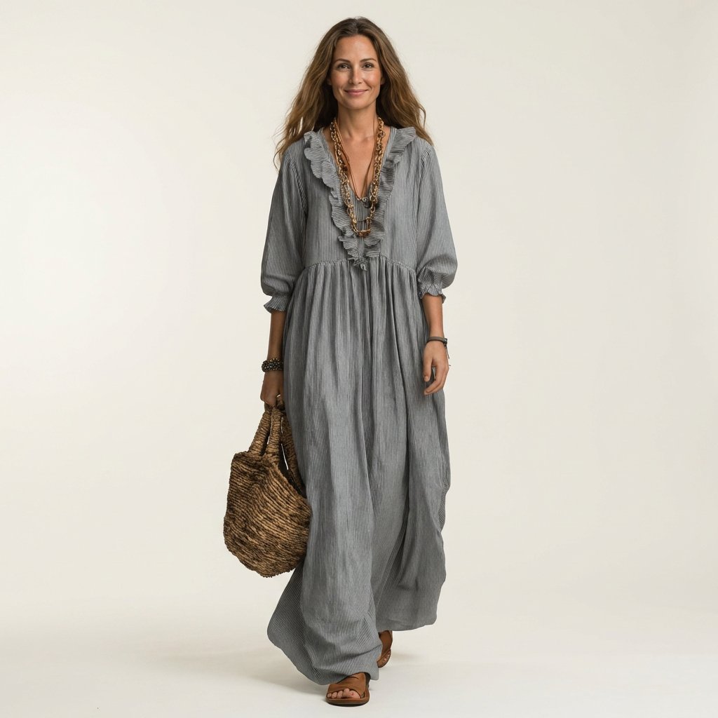 Yosetta | Ruffle V-Neck Striped Lantern-Sleeve Maxi Dress Hero