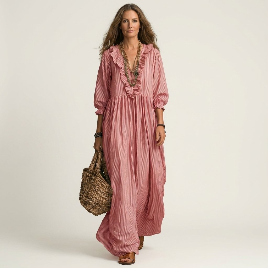 Yosetta | Ruffle V-Neck Striped Lantern-Sleeve Maxi Dress Lifestyle