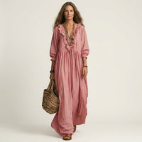 Yosetta | Ruffle V-Neck Striped Lantern-Sleeve Maxi Dress Lifestyle