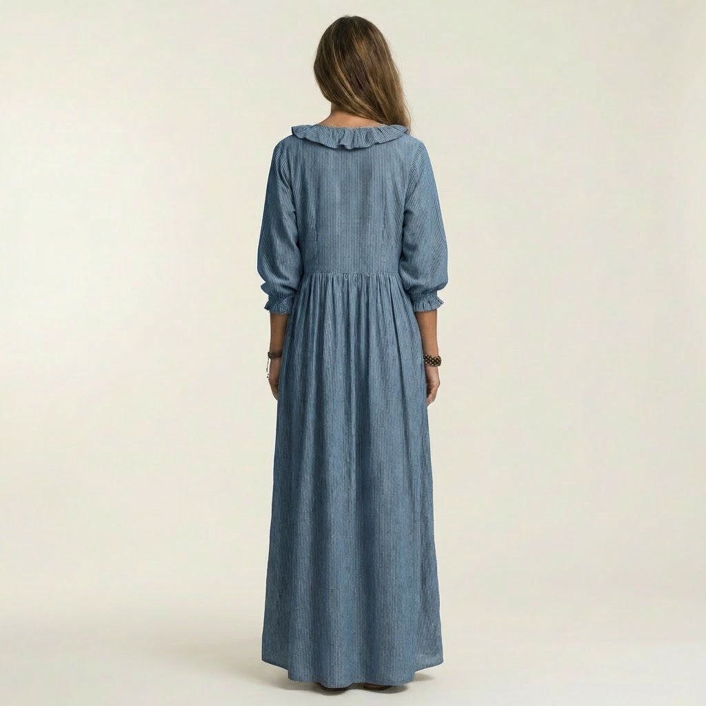 Yosetta | Ruffle V-Neck Striped Lantern-Sleeve Maxi Dress Side